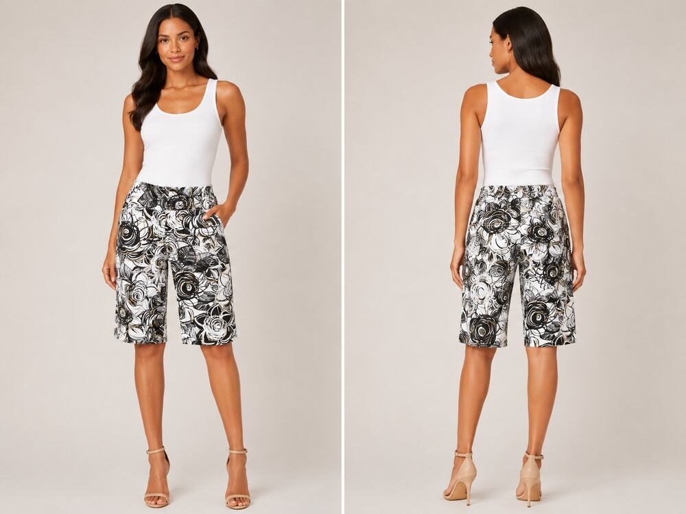 Cache Geometric Black White Metallic Floral Bermuda Short Stretch NWT $88 Sz 8